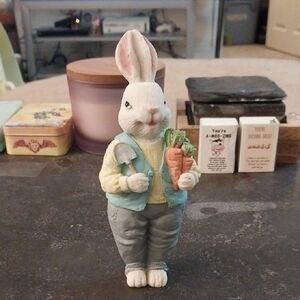 Small Pets Bunny Figurine in White and Blue - Cute Carrot Gardener-6"